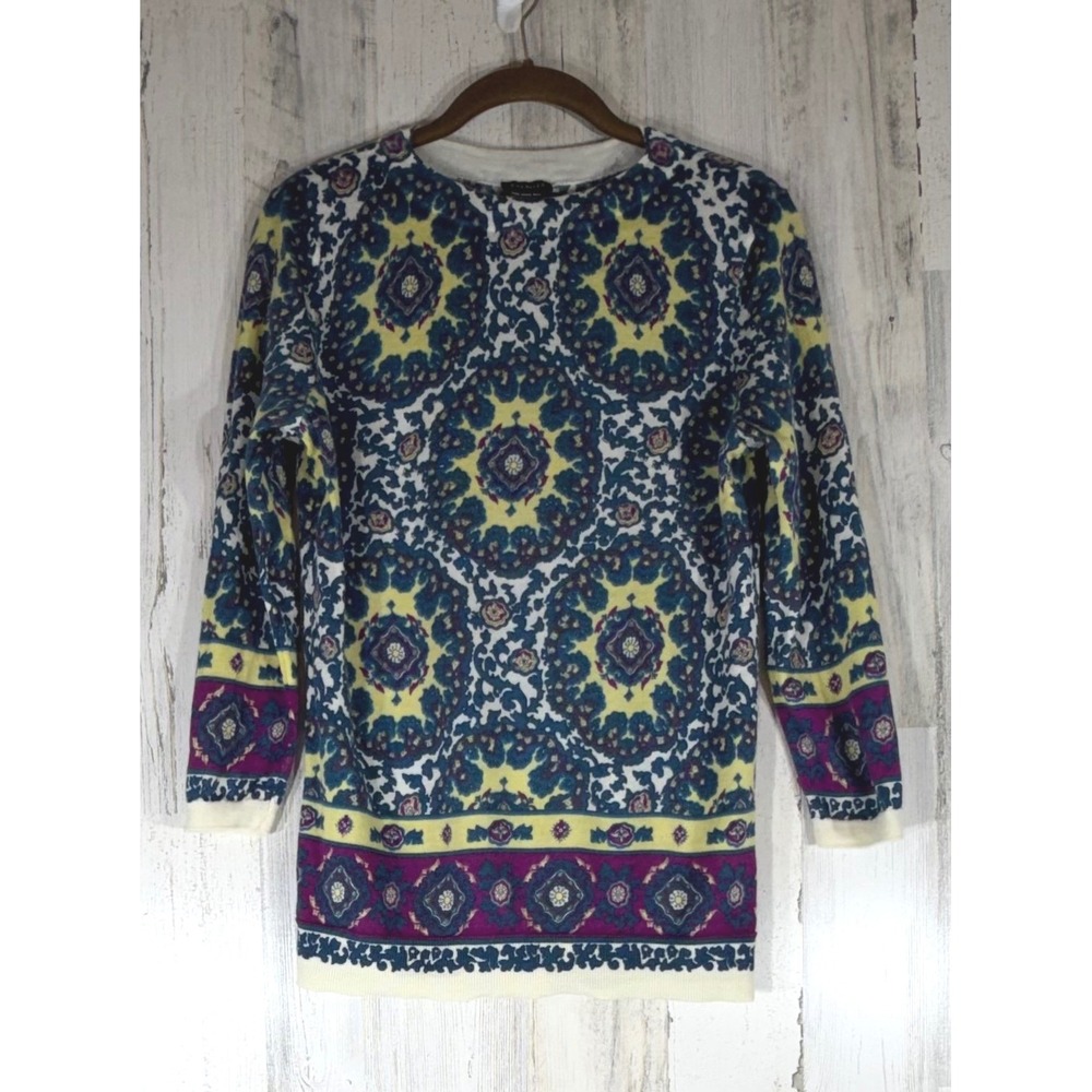 Talbots Sweater Medium Blue Yellow Medallion Print 100% Merino Wool 3/4 Sleeve